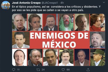 El autor del artículo compartió una foto que considera a los opositores de AMLO como enemigos del país (Foto: Twitter @ JACrespo1)