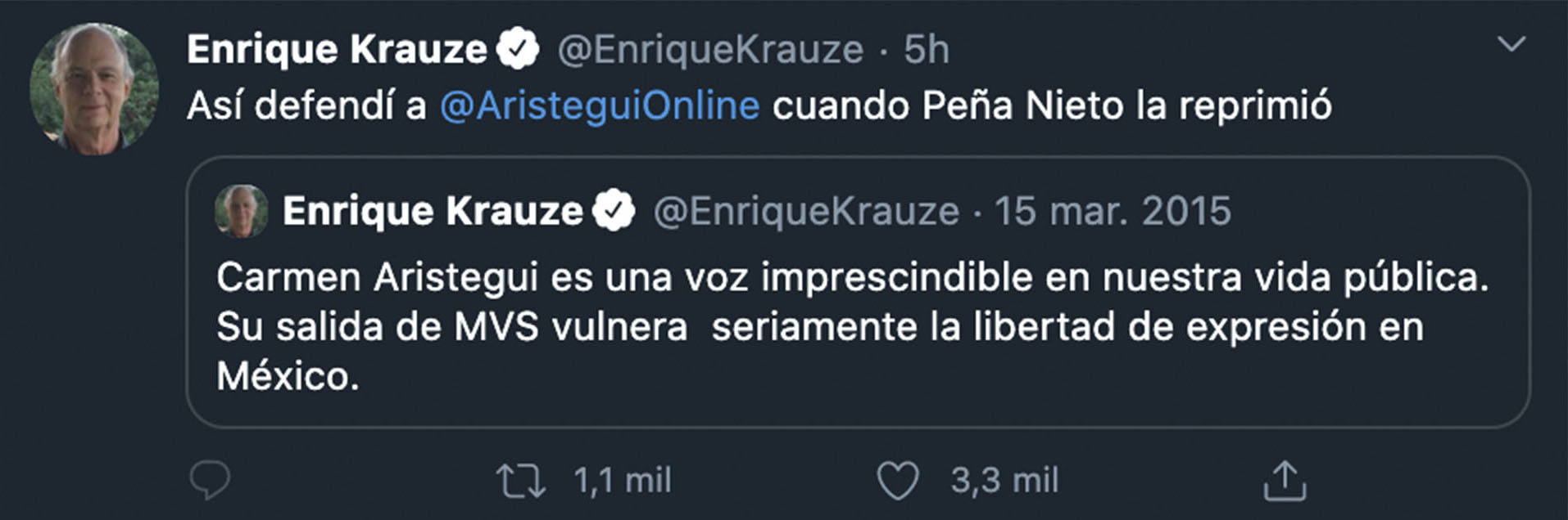 Caruso aclara su defensa a Aristegui cuando EPN lo condena por publicar informe de la Casa Blanca (Foto de Twitter @EnriqueKrauze)